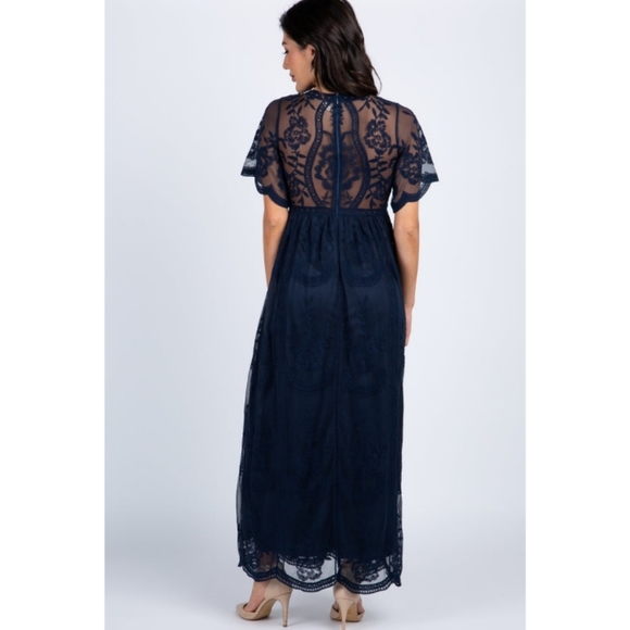 PinkBlush Navy Blue Lace Mesh Overlay Maxi Dress Large - Picture 3 of 10